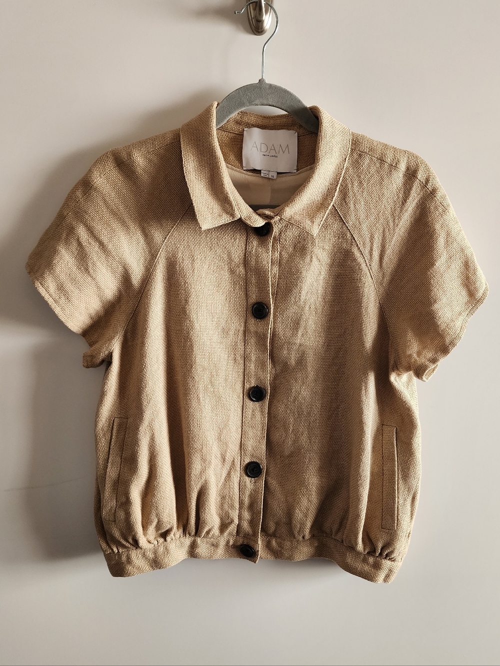 Adam Lippes Tan Woven Linen Short Sleeve Button Up Jacket Size 10